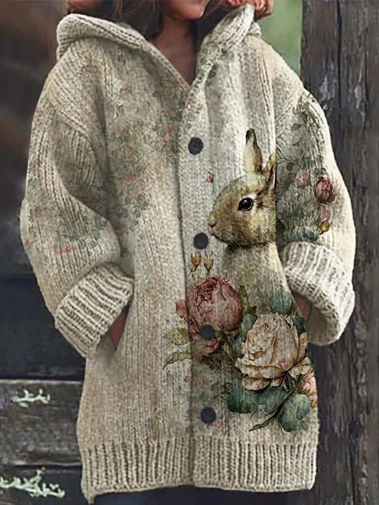 VChics Vintage Bunny Floral Art Cozy Knit Hooded Cardigan