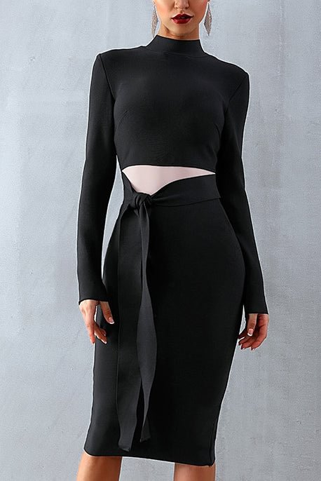 Black Mock-neck Tie Front Bodycon Dress - BlackFridayBuys