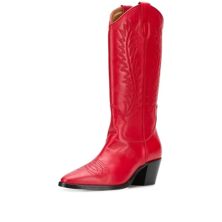 Red Knee High Cowgirl Block Heel Boots Vdcoo