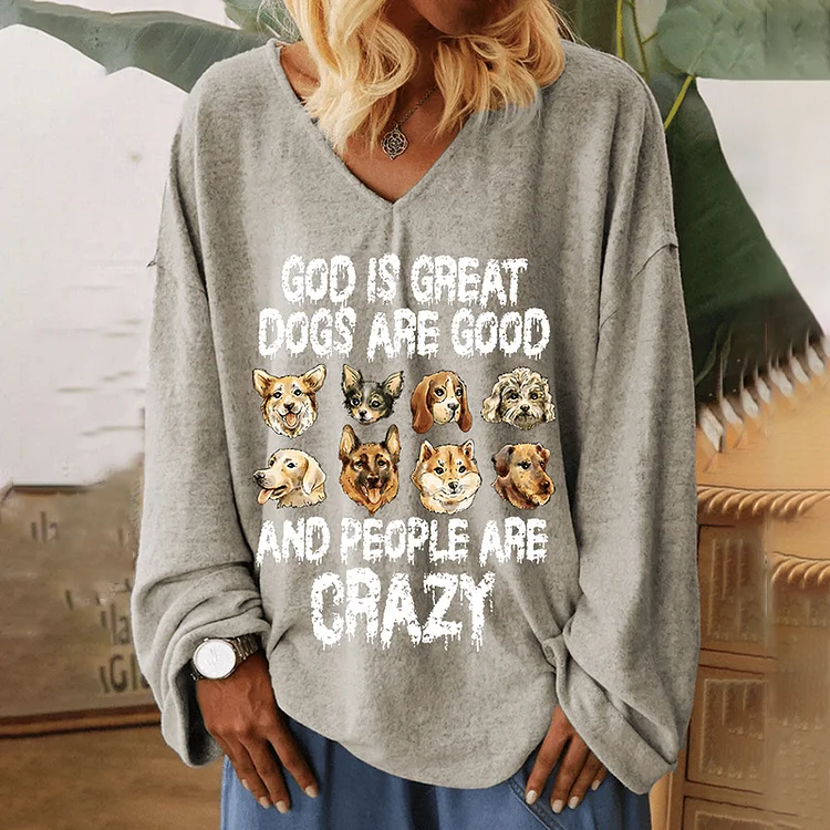 Vefave Loose Casual V-Neck Dog Print T-Shirt