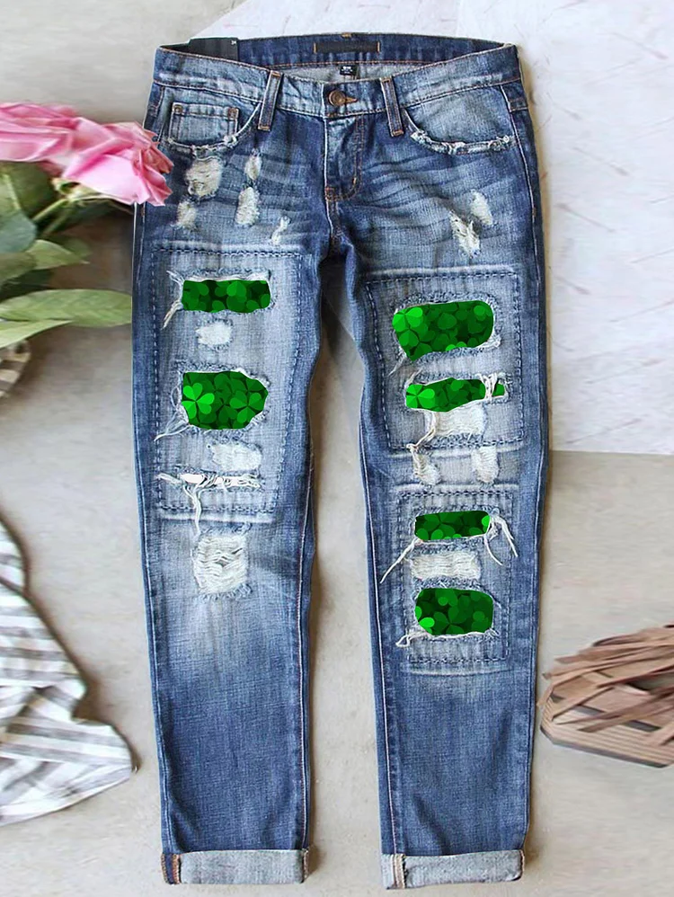 St. Patrick's Day Four Leaf Clover Denim Washed Patchwork Ripped Jeans