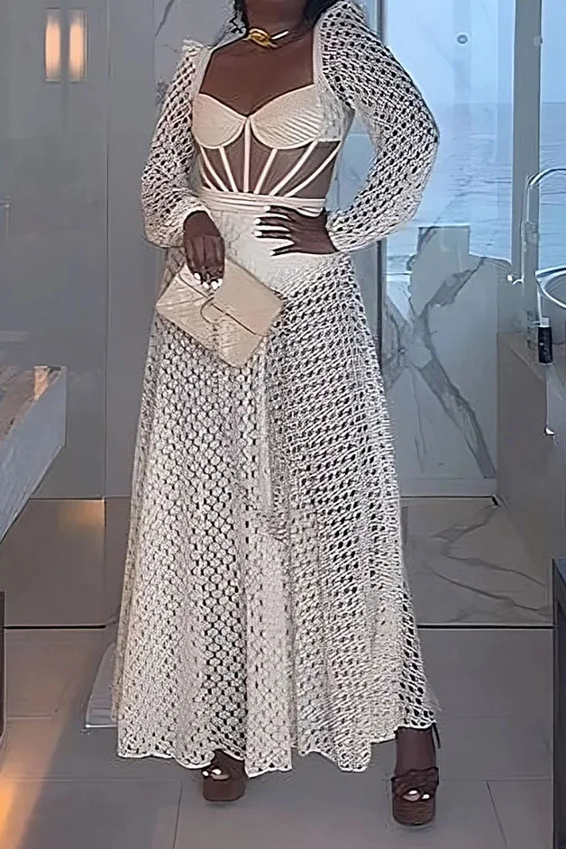White Crochet Hollow Out Long Puff Sleeve Corset Vacation Maxi Dress