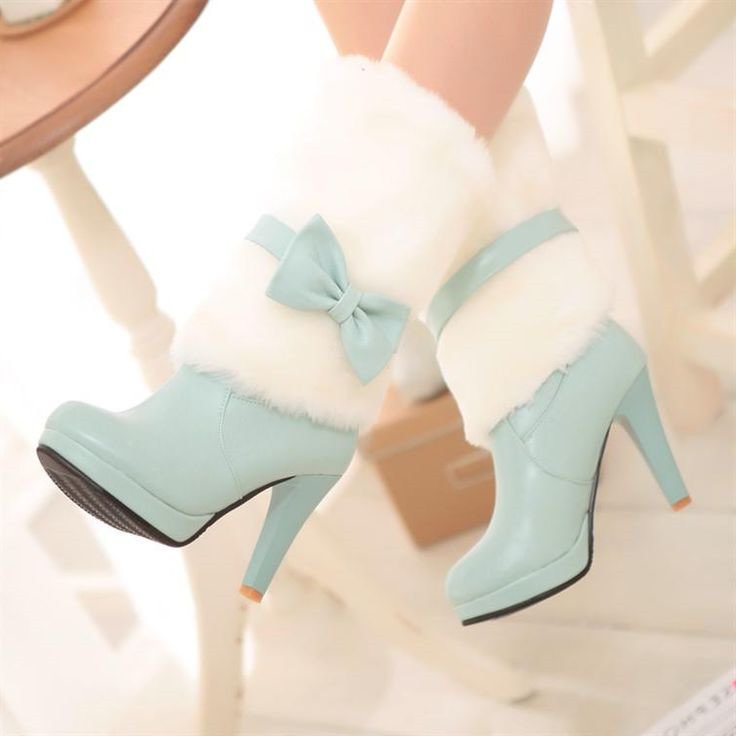 Turquoise Fur Boots Cute Platform Mid-calf Boots for Cold Weather |FSJ Shoes