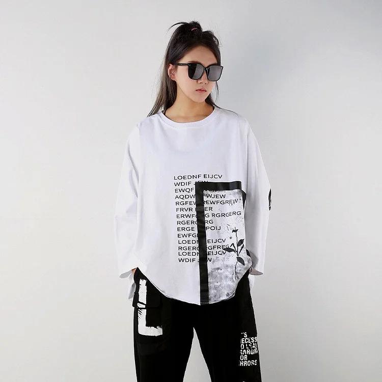 Fashion Loose O-neck Contrast Color Letter Printed Batwing Sleeve T-shirt 