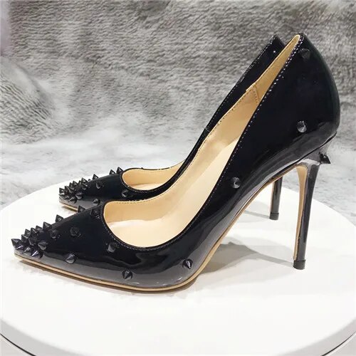 VCshoes All Black Rivet Pumps Diamond 12cm High Heel Nightclub Pointed Toe Woman Party Shoes Rhinestone MD038
