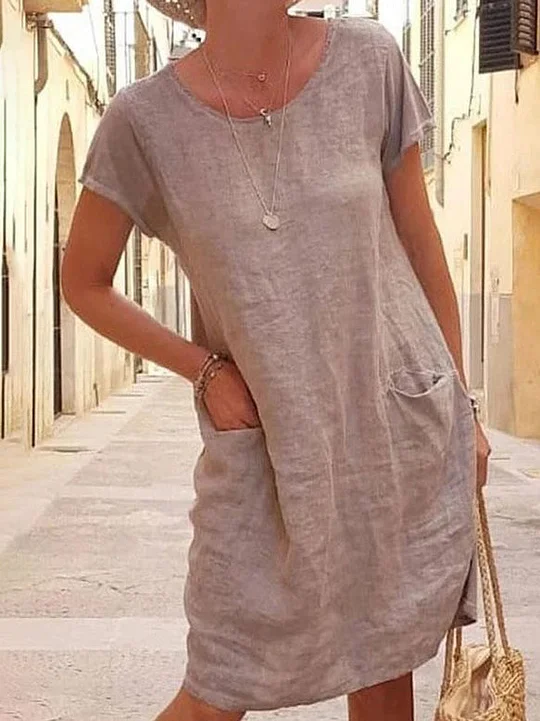 Loose Solid Round Neck Short Sleeve Pocket Linen Dress