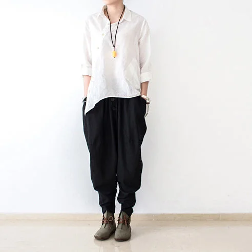 black stylish linen pants casual cotton pants loose bottoms original design