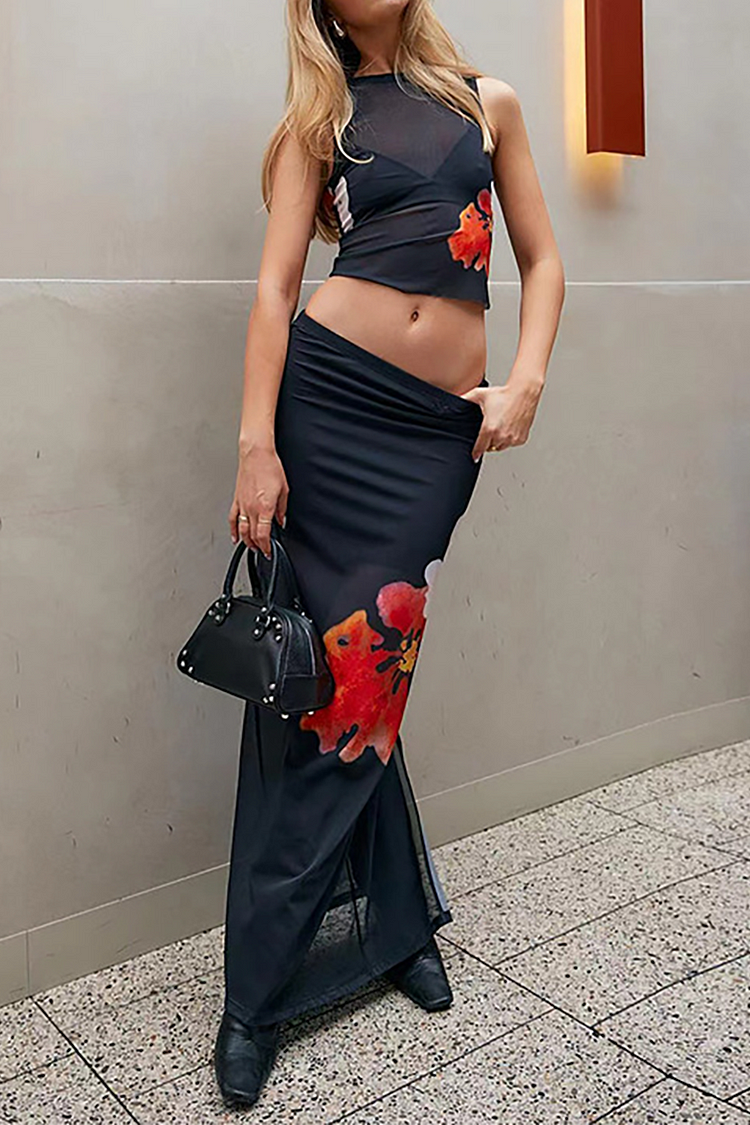 Floral Print Crop Tank Top Slim Fit Maxi Skirt Matching Set-Black
