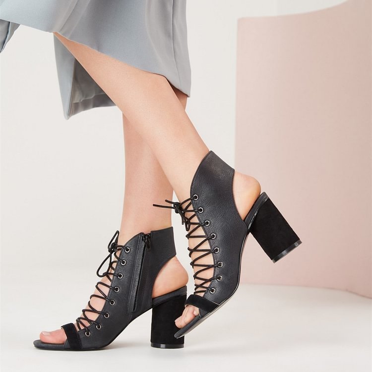 Black Lace Up Summer Boots Peep Toe Slingback Sandals |FSJ Shoes