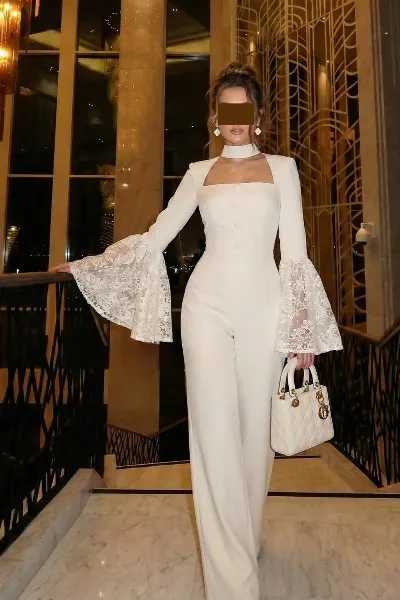 Daisda White Choker Neck Lace Flare Sleeves Long Sleeves Jumpsuit