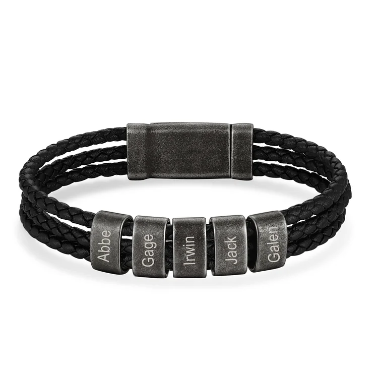 Personalized Men Leather Braided Bracelet Engraved 5 Names Three Layers Bracelet Vintage Gift For Him