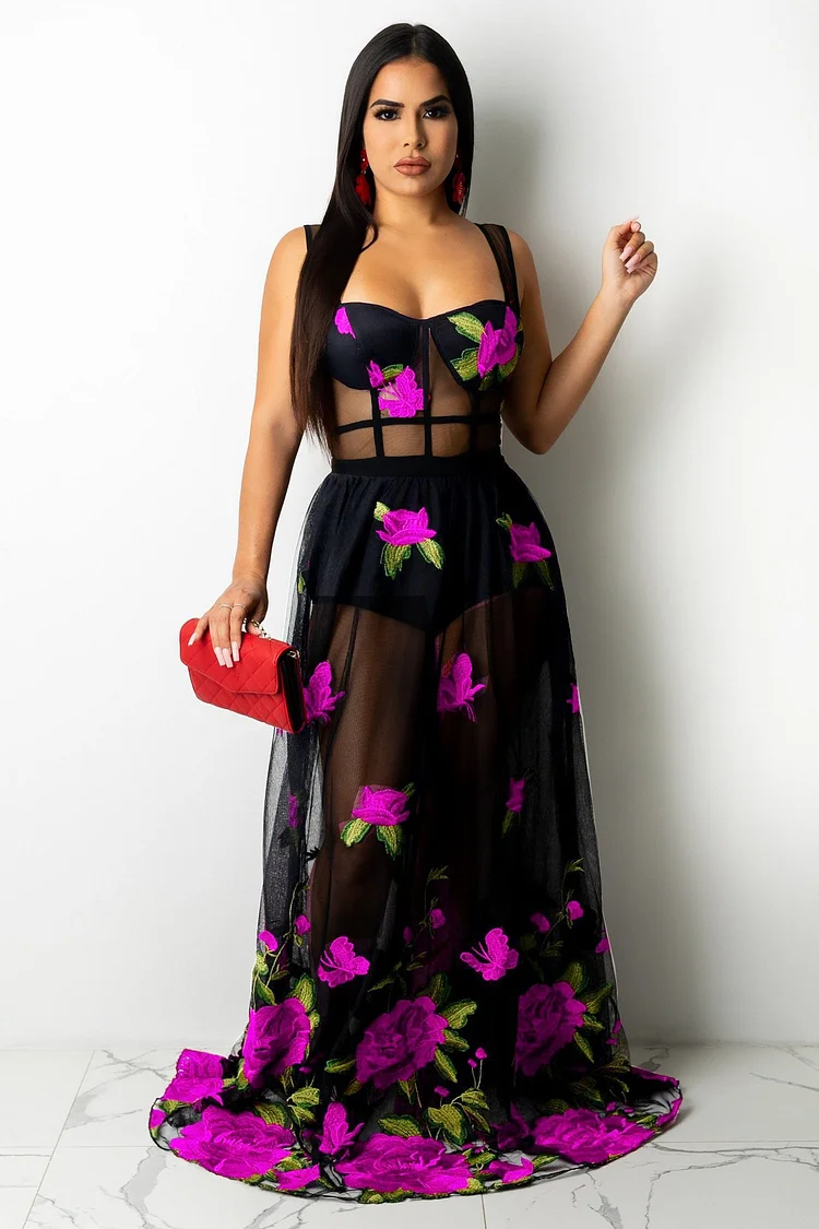 Embroidered Red Rose See Through Prom Maxi Dresses