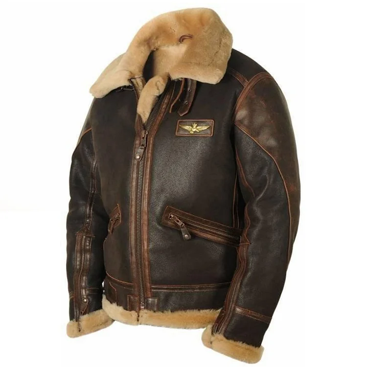 TIMSMEN Vintage Men's Brown Lapel Zip Leather Bomber Jacket
