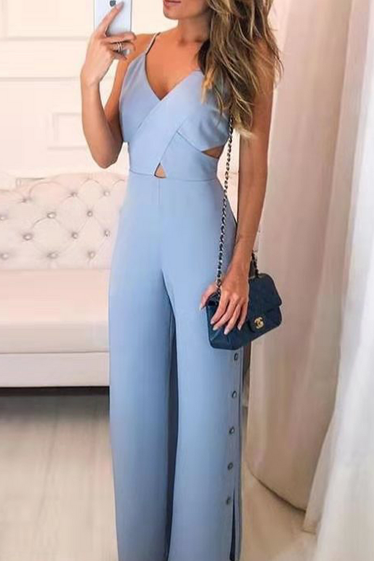 Casual Solid Hollowed Out Spaghetti Strap Straight Jumpsuits - Life is Beautiful for You - SheChoic