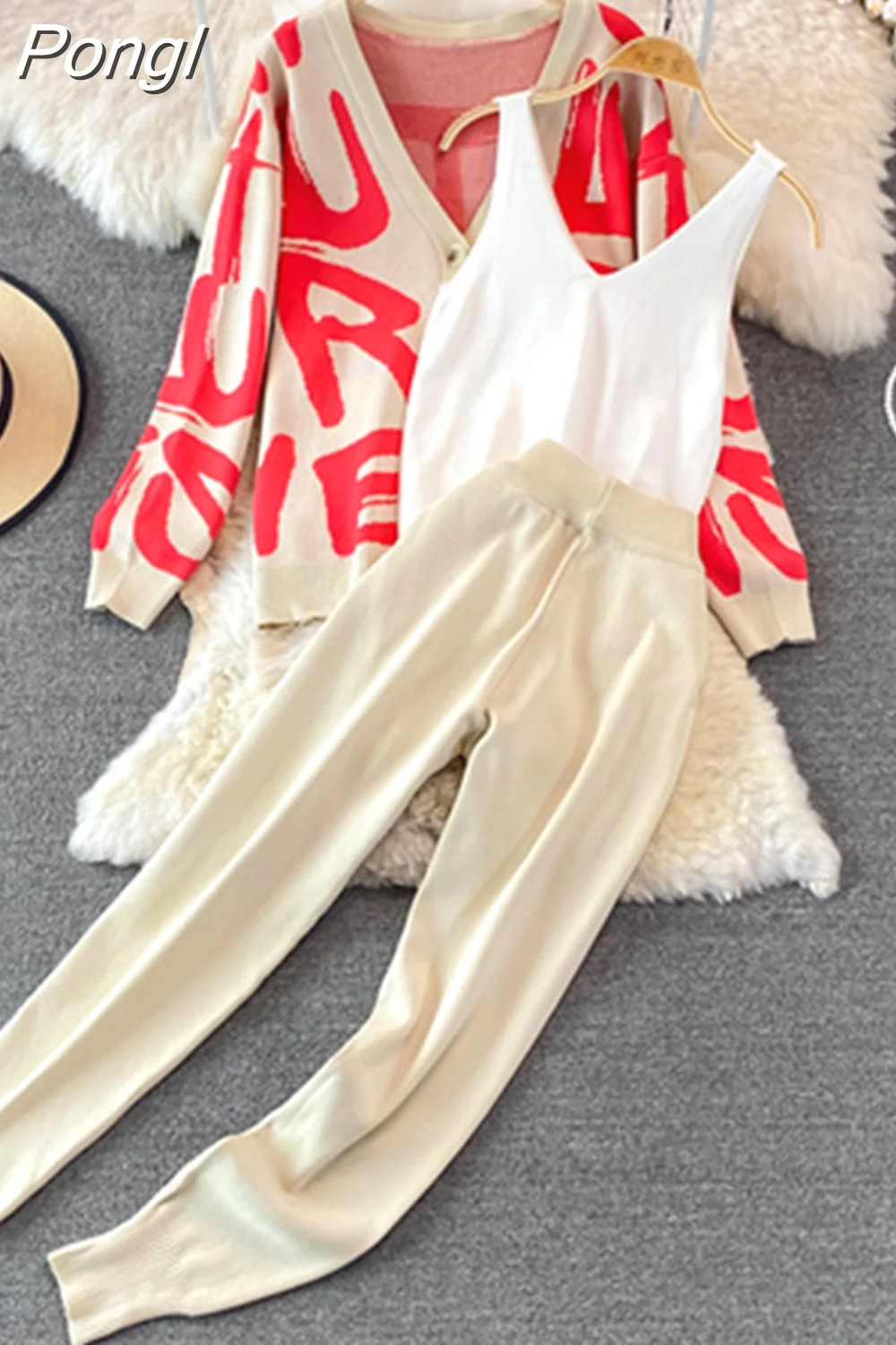 Pongl Letter Tracksuit Women 2023 Fall Winter 3 Piece Knitted Sweater Set Trouser Suits Knitted Cardigan+Vest + Pants Outfits