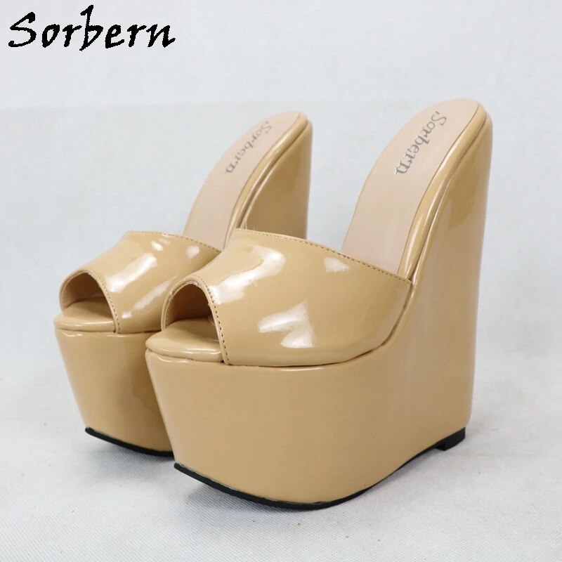VCSHOES Women Slippers Open Toe Patent Leather Wedges High Heel Platform Shoes Female Outdoor Slides