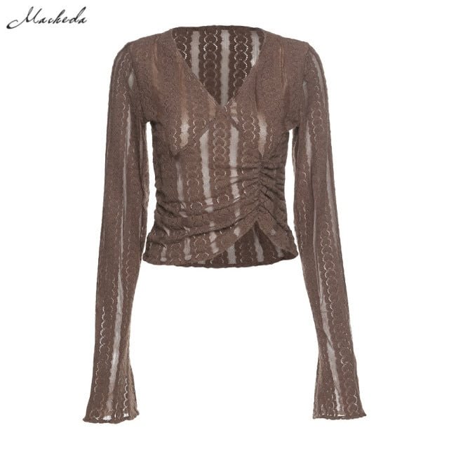 Macheda Autumn Solid Sexy Mesh See Through T Shirt Women Long Sleeve V Neck Clothing y2k Lady Fashion Slim Top New - BlackFridayBuys