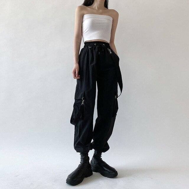 QWEEK Goth Cargo Pants Women Punk Plus Size Capris Pants Harajuku High Waist Pants Oversize Detachable Strap Casual Trousers Emo