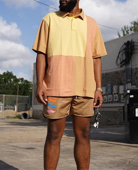 Casual Color Block Lapel Collar Short Sleeve Top & Shorts Set