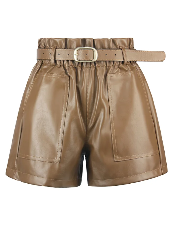 Simple Wide Leg Solid Color PU Shorts Bottoms