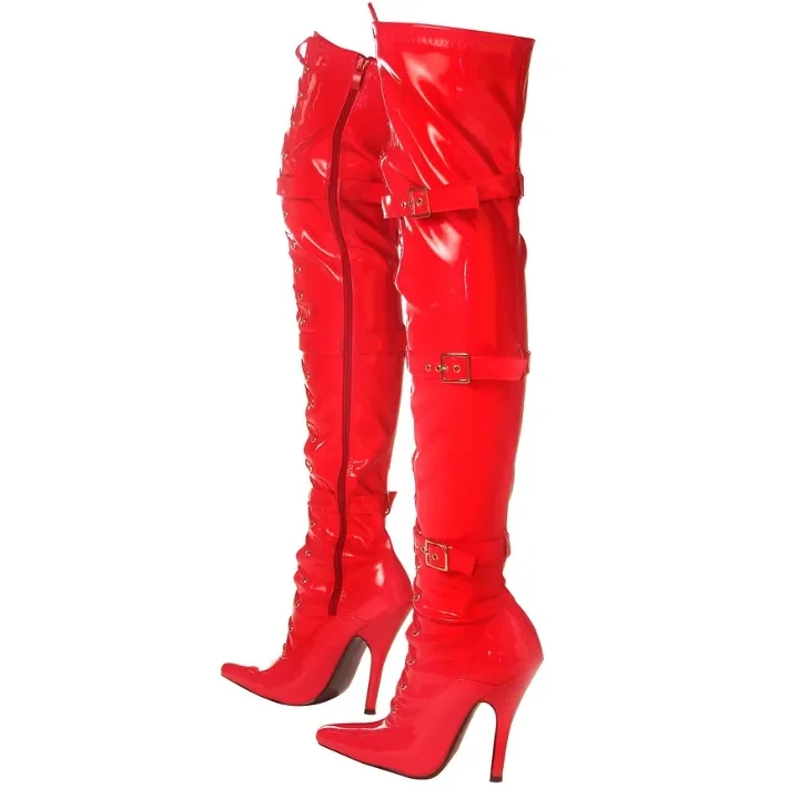 Red Lace-Up Thigh High Stiletto Boots Vdcoo