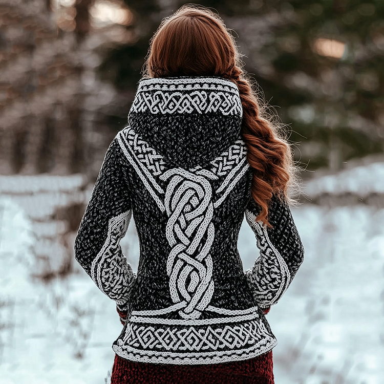 Women's Viking Style Color Block Knitted Jacquard Hooded Sweater