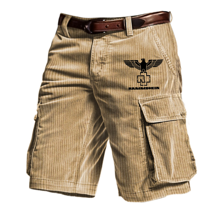 Men's Corduroy Rammstein Rock Band Print Outdoor Vintage Multi Pocket Shorts / TECHWEAR CLUB / Techwear