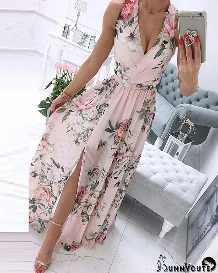 Women Clothes Summer Sleeveless V-Neck Floral Chiffon Print Boho Long Dress