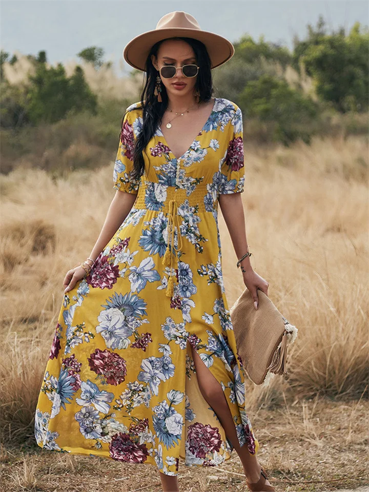 Summer Sexy Print Dress V-neck Waist Slimming Yellow Black Blue-Cosfine