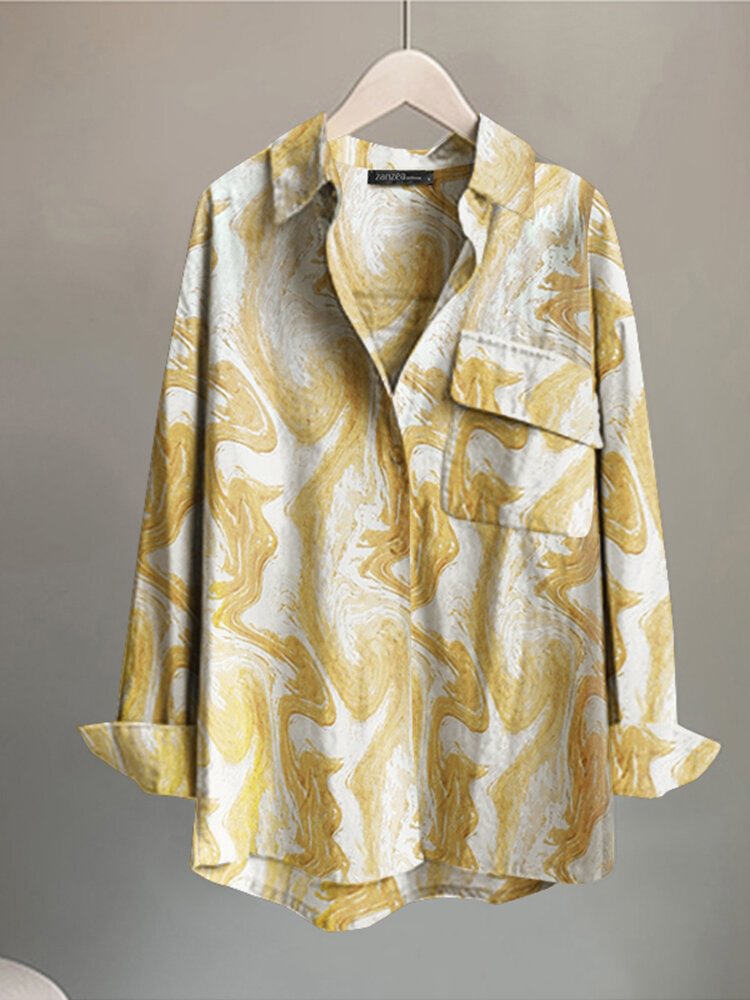 Wave Pattern Pocket Split Button V Neck Long Sleeve Blouse