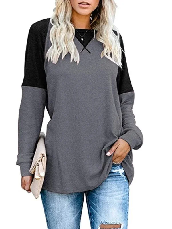 Woherb Autumn Patchwork Long Sleeved T-Shirt Fashion Loose Casual Top Women Oversized Tunic Round Neck Tee Shirt Pullovers Femme