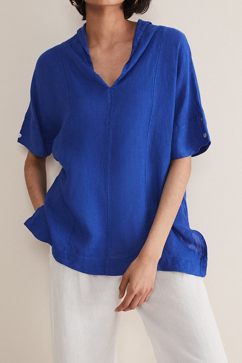 Lace V-Neck Short Sleeve Top in Linen Blend Blue, Tops & T-shirts