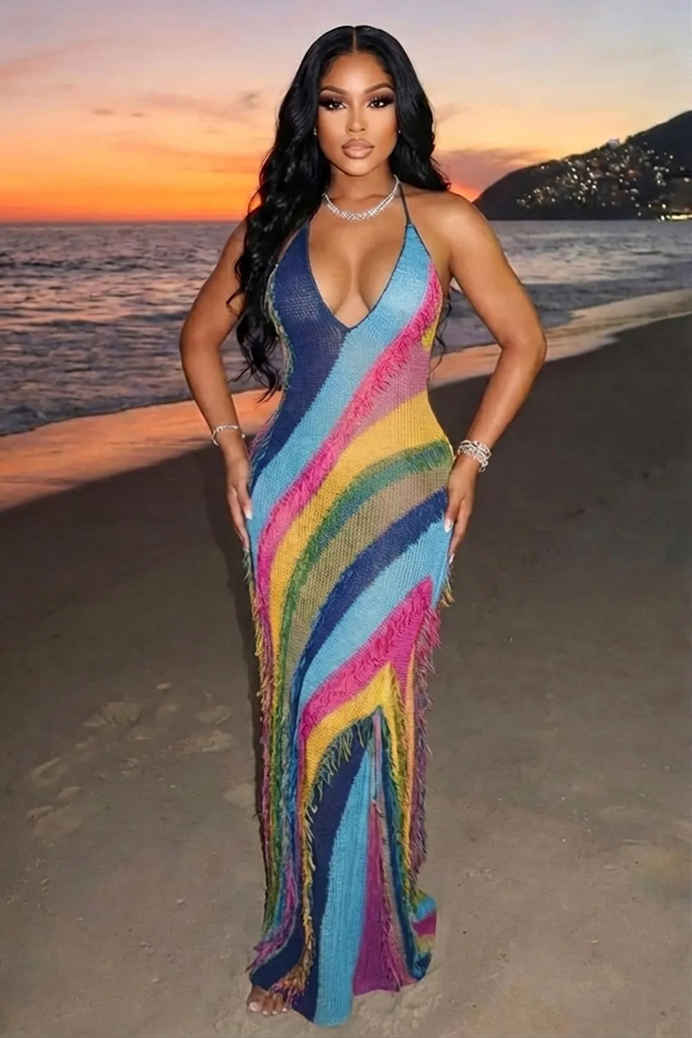 Loragal Halter Backless Colorblock Slim Vacation Maxi Dresses-Multicolor Multicolor-S