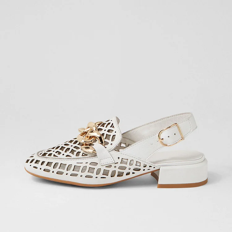 White Square Toe Slingback Shoes Cutout Block Heel Women's Loafers |FSJ Shoes