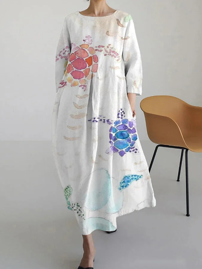Women's Casual Dress Cotton Linen Dress Scoop Neck Long Sleeve A Line Dress Maxi long Dress