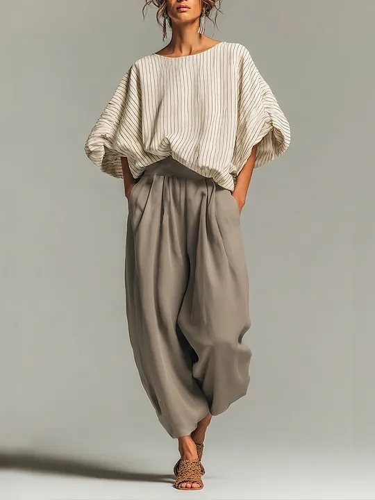Women's Beige Pinstripe Woven Co-Ord With Loose Boat Neck Bubble Sleeve Top & High Waist Baggy Gray Side Pocket Trousers, Modern Effortless-Chic Daily Two-Piece Set MD