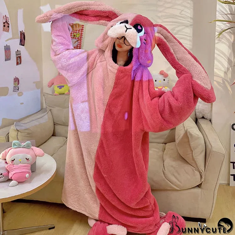 Funny Cartoon Bunny Plush Hooded Jumpsuit Pajamas Dress