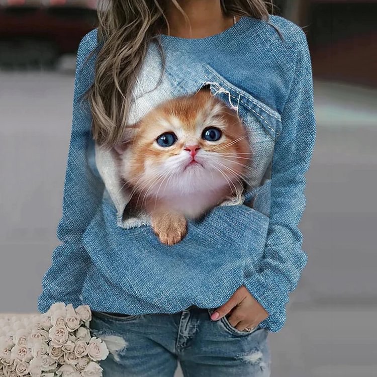 Comstylish Cat Print Round Neck Long Sleeve Sweatshirt