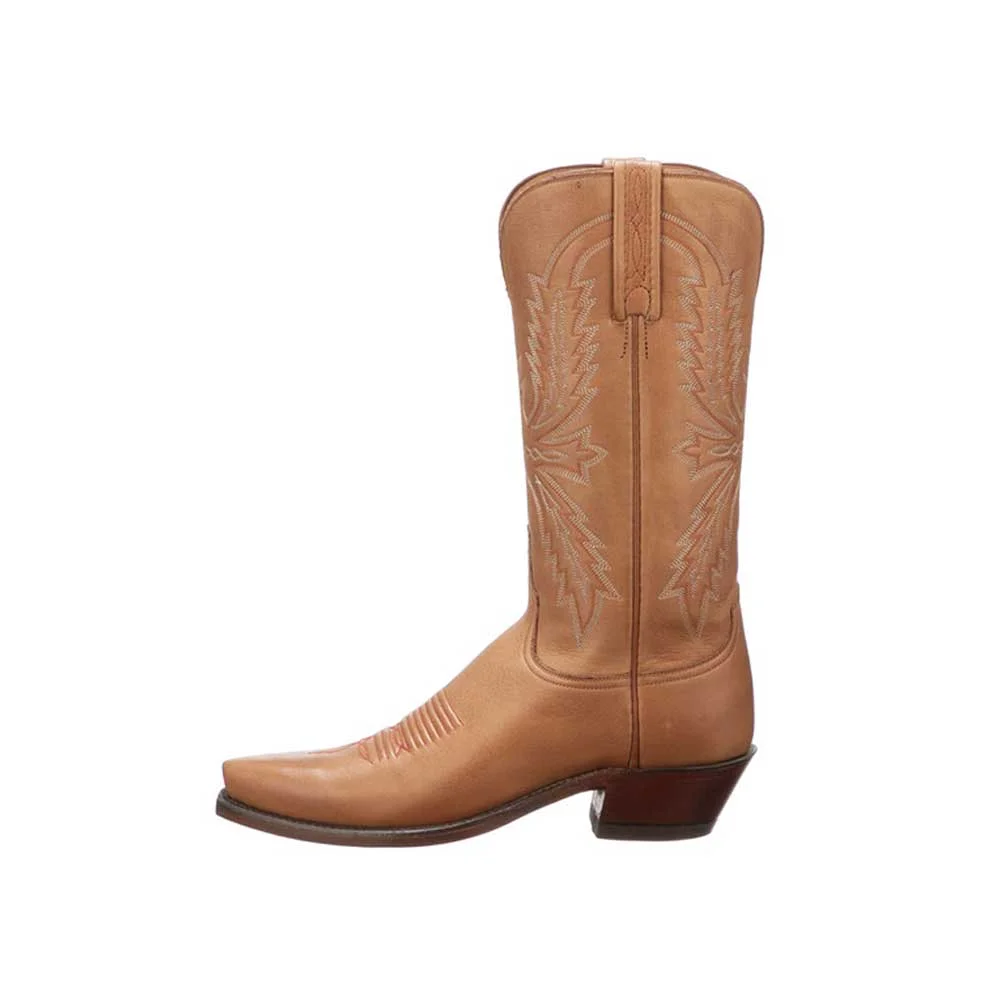 Tan Wide Calf Embroidered Mid-Calf Cowgirl Boots with Chunky Heel Nicepairs