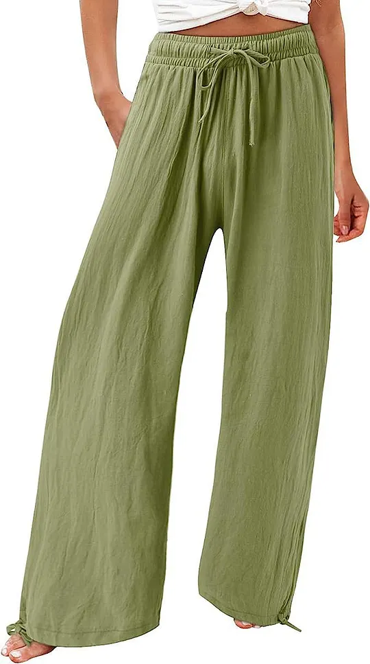 Summer Casual Loose Beach Pants Women's Wide Leg Pure Color Rope Detailing Long Trousers Comfortable Loose Fit Beachwear