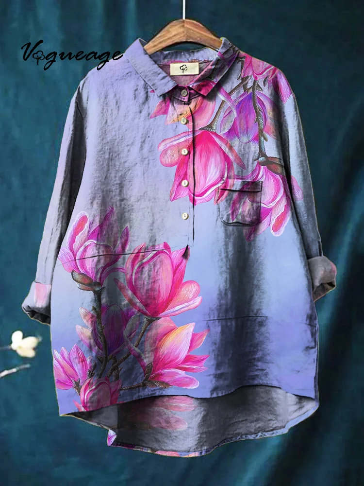 Elegant Generous And Comfortable Flowers Printed Cotton And Linen Shirt