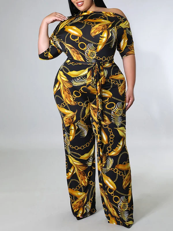 Leaves Print Tied Waist Half Sleeves High Waisted One-shoulder Jumpsuits
