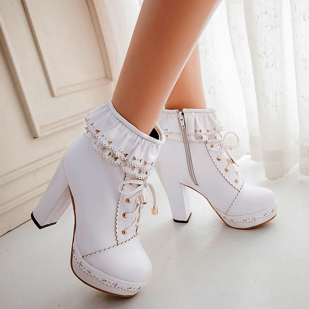 Brown Lace Up High Heel Classic Lolita Short Boots