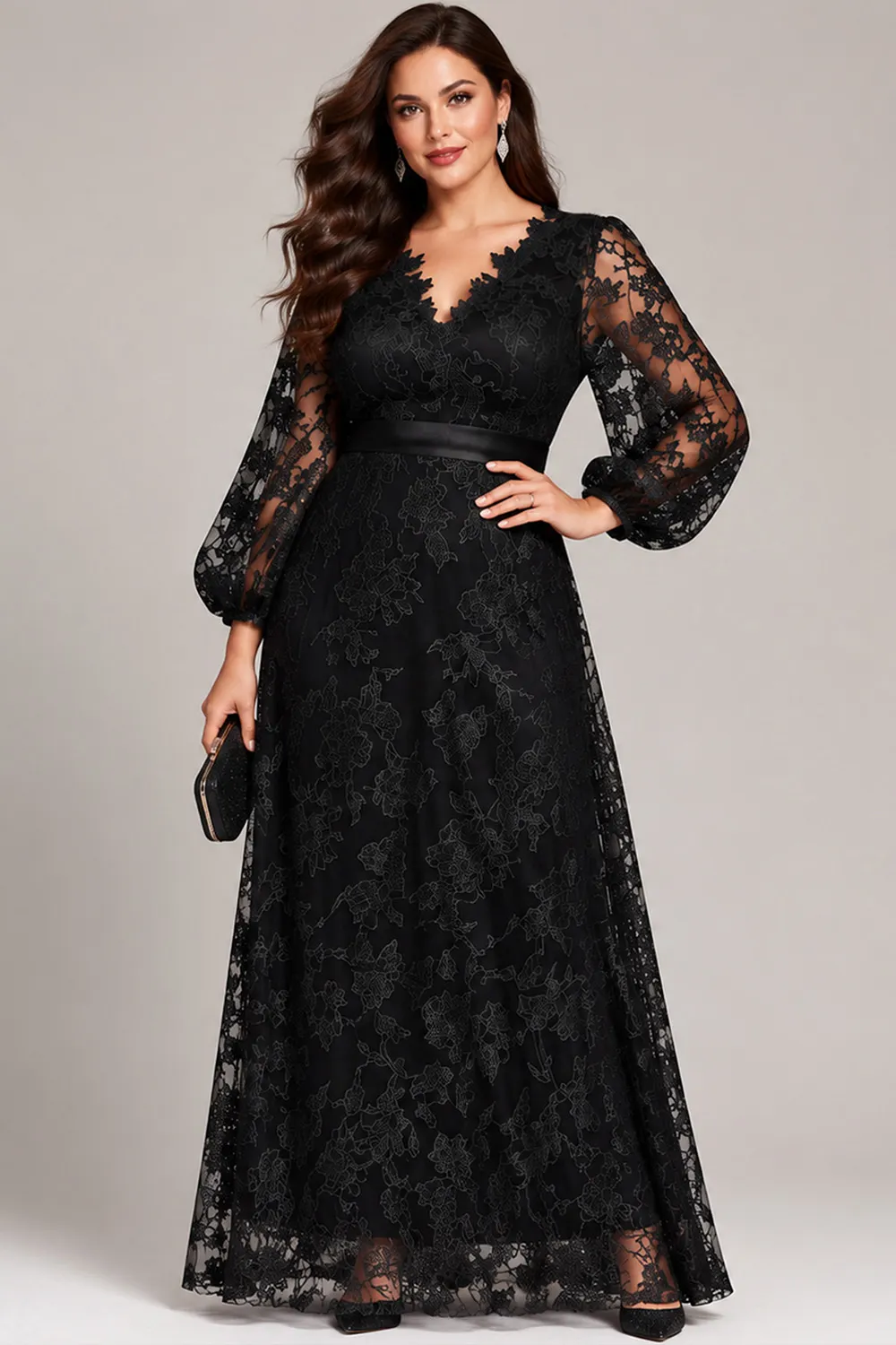Flycurvy Plus Size Mother Of The Bride Black Lace Lantern Sleeve Empire Waist Maxi Dress- Flycurvy