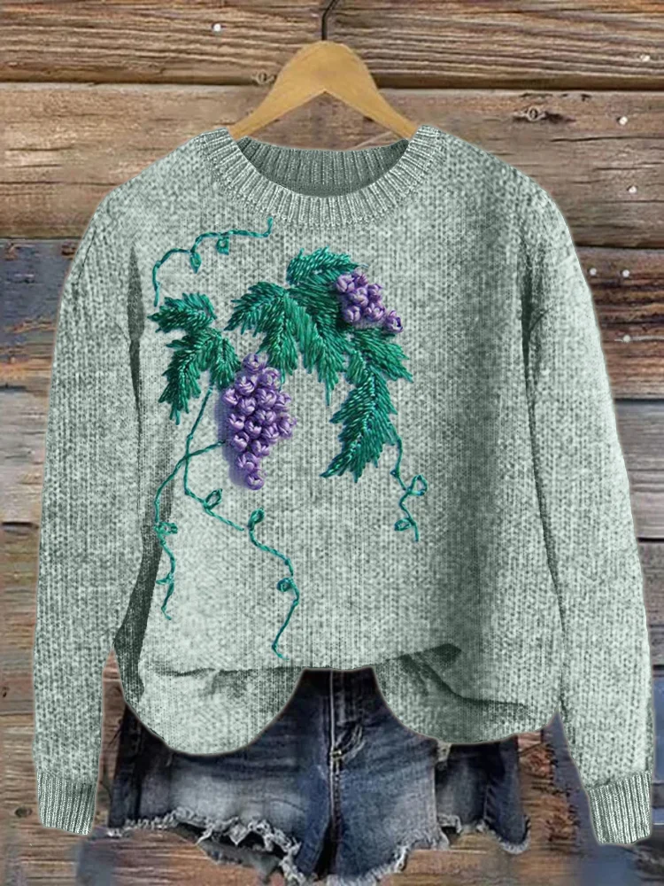 VChics Elegant Grapes Embroidery Art Cozy Knit Sweater