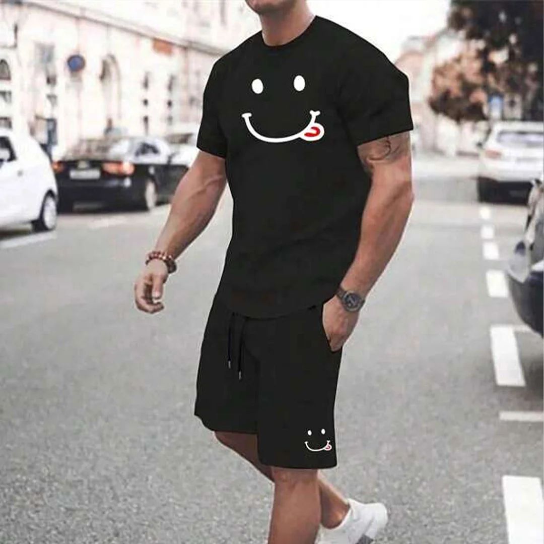 Happy Emoji Black T-shirt and Shorts Printed Suit