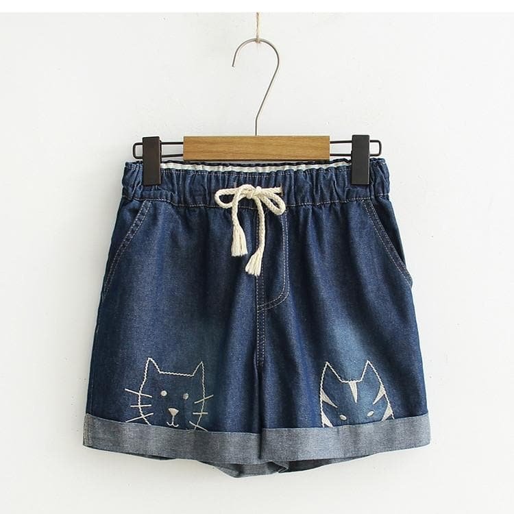 Deep Blue/Light Blue Kawaii High Waisted Kitty Shorts SP1710295