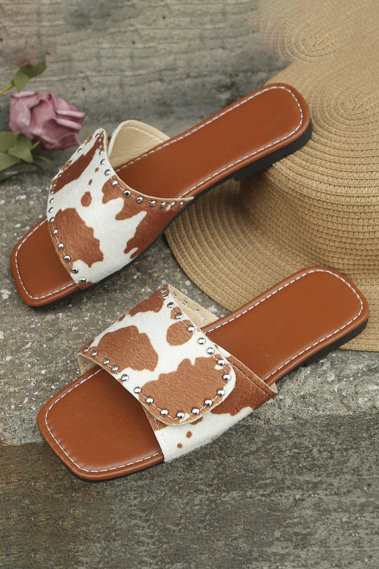 Pattern Print Seam Studded PU Leather Square Toe Flat Slippers