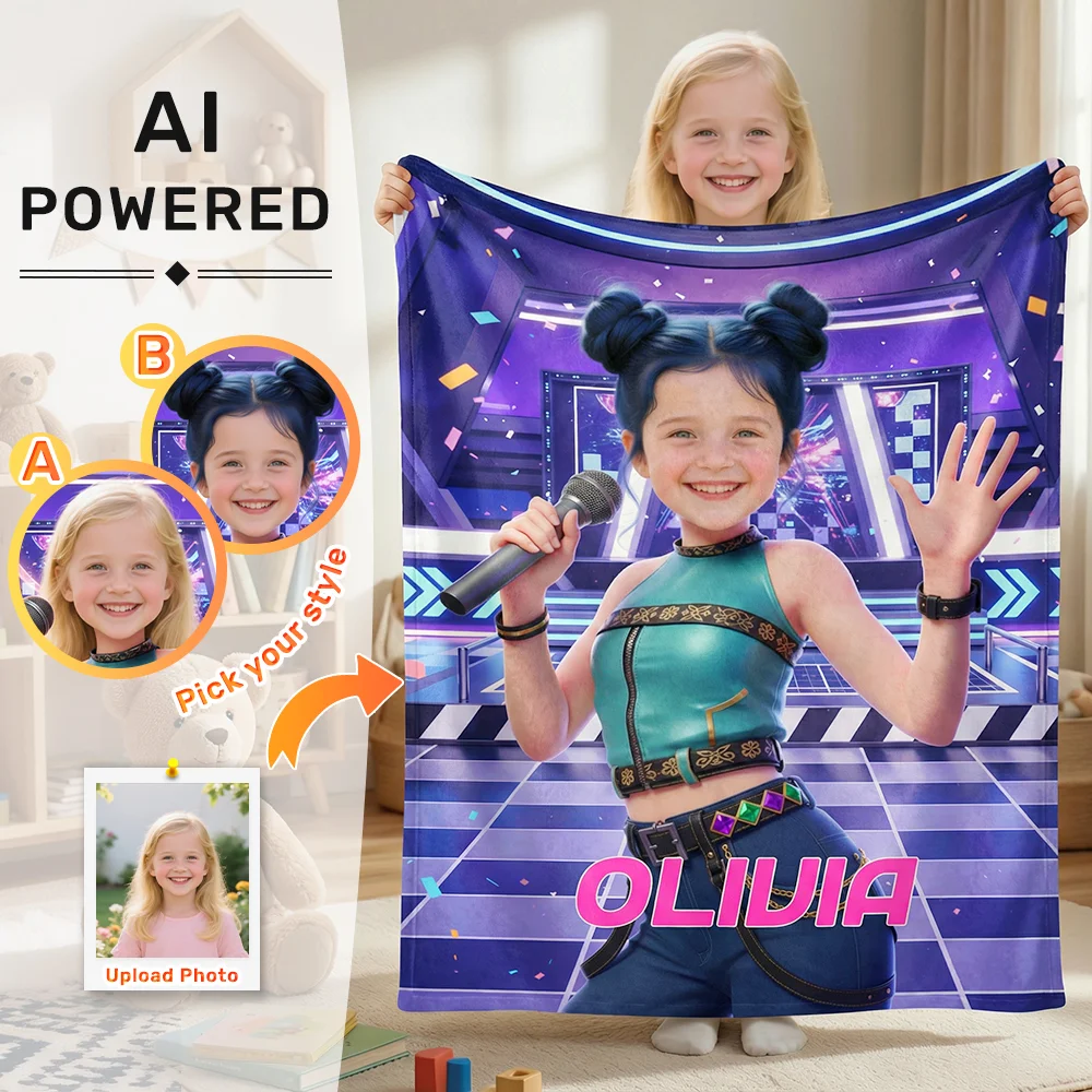 Custom Blanket AI Powered Pop Star Girl Stage Performance Neon Children's Day Gift For Girl