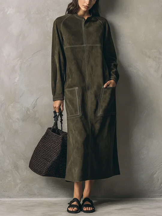 Women's Casual Olive Green Suede Long-sleeve Maxi Dress MD